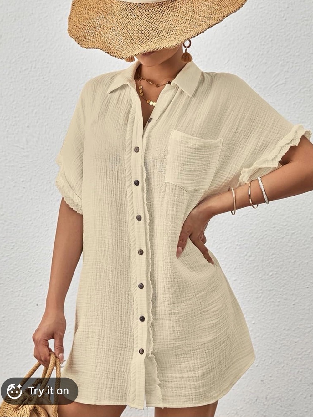 Light Cream Gauze Button-Front Women's Shirt Dress